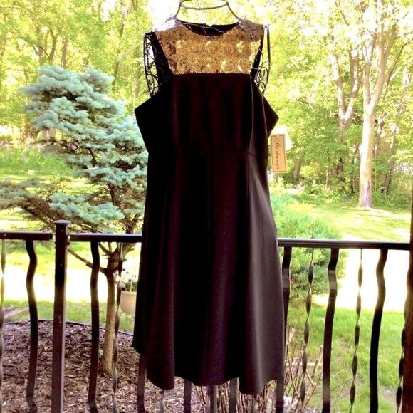 SHOSHANNA BLACK A-LINE SLEEVELESS GOLD EMBELLISHED YOKE SEQUIN DRESS 10 NWT - Picture 10 of 16